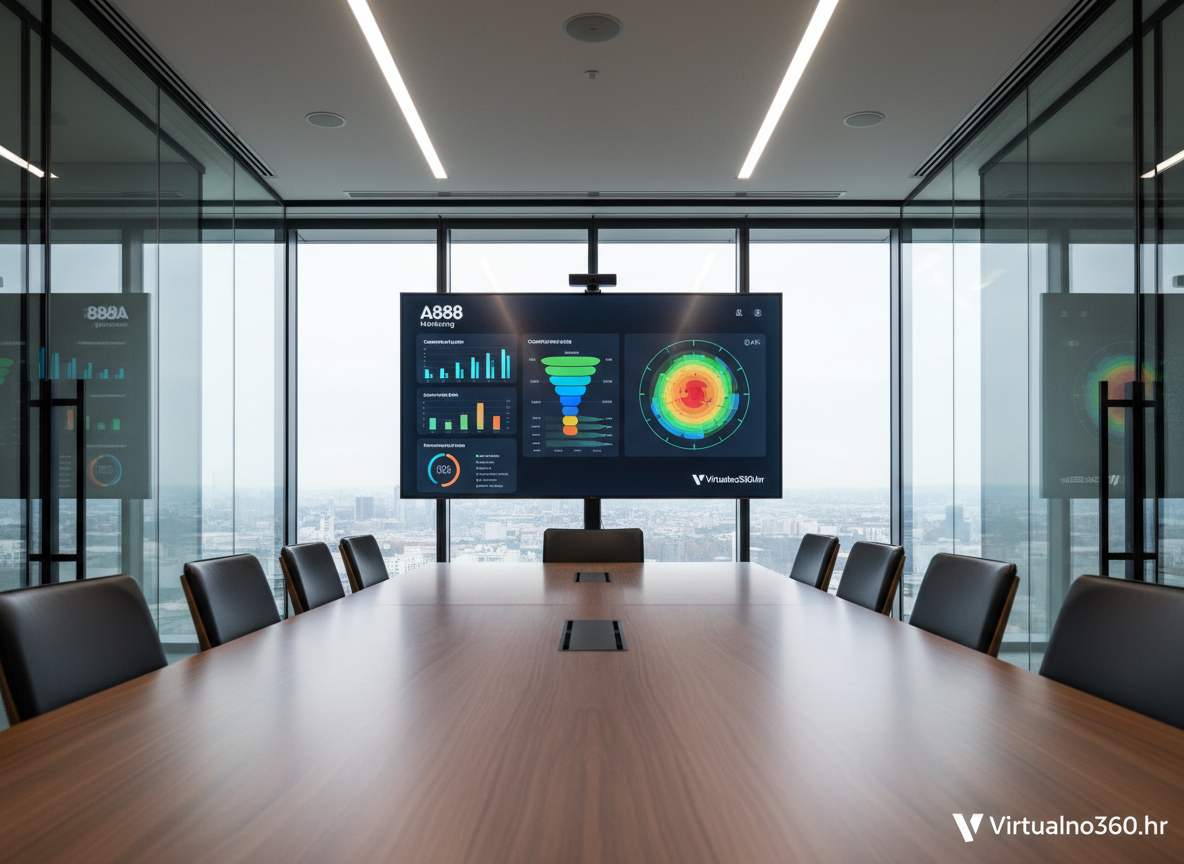 An elegant, wall-mounted marketing dashboard displayed on a large, ultra-thin digital screen in a modern boardroom. The screen shows segmented campaign analytics, conversion funnels, and engagement heatmaps integrated with 360° tour performance metrics, all subtly branded with A888 Marketing and Virtualno360.hr logos. The room features glass walls, matte black fixtures, and a long conference table with a smooth walnut finish. Overhead linear LED lights provide even, neutral illumination, creating crisp reflections on the table and screen edges. Captured from a low-angle perspective to emphasize authority and scale, the composition has sharp focus throughout. The atmosphere is strategic, data-driven, and executive-level, perfect for illustrating premium marketing reporting capabilities.