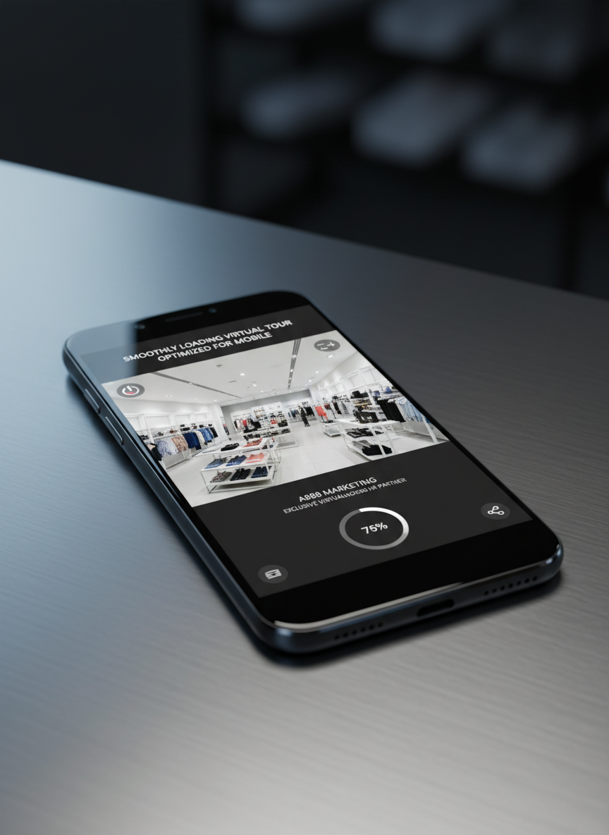 A close-up of a glossy black smartphone resting on a brushed aluminum surface, its screen displaying a smoothly loading 360° virtual tour optimized for mobile by A888 Marketing, clearly attributed as an exclusive Virtualno360.hr partner. The tour shows a stylish retail space with sharp detail, surrounded by clean interface icons and a subtle progress indicator. Soft, cool studio lighting from the left creates a gentle gradient across the metal surface and a refined highlight along the device’s beveled edge. The background fades into a smooth, dark blur, achieved with a shallow depth of field. The mood is polished, mobile-first, and user-centric, ideal for showcasing responsive marketing solutions.