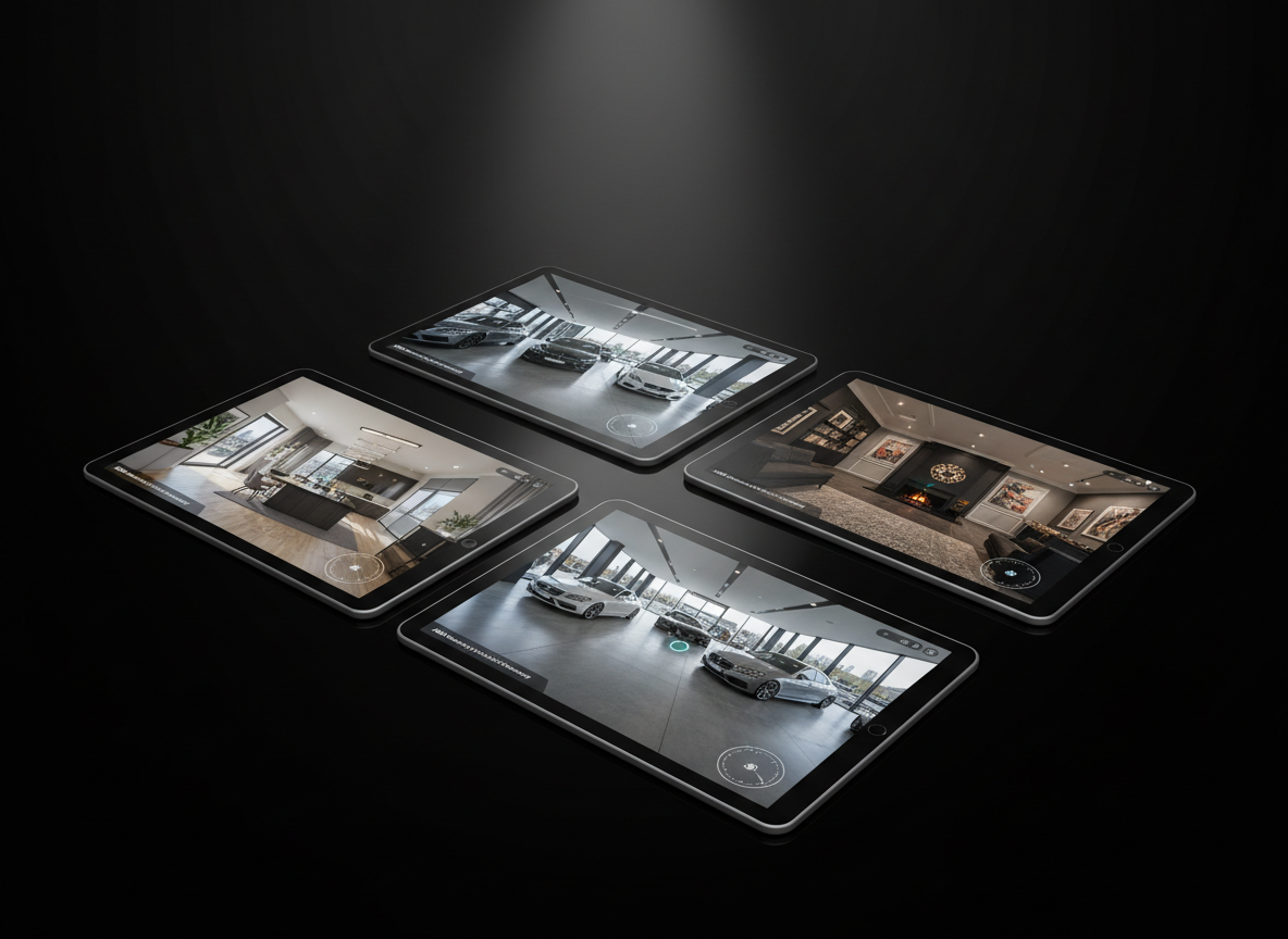 A series of sleek, frameless tablets arranged diagonally across a reflective black surface, each screen showcasing a different business environment in immersive 360° view: a real estate interior, a car showroom, a boutique hotel, all in sharp photographic realism. Each interface subtly bears the A888 Marketing and Virtualno360.hr partnership mark, highlighting interactive hotspots and navigation icons. A single overhead spotlight creates dramatic, focused lighting, producing clean highlights on the glass screens and soft gradients fading into the dark background. Captured from a slightly elevated, three-quarter angle, the composition emphasizes depth and repetition. The mood is innovative, versatile, and tech-forward, ideal for a services or industries-served section.