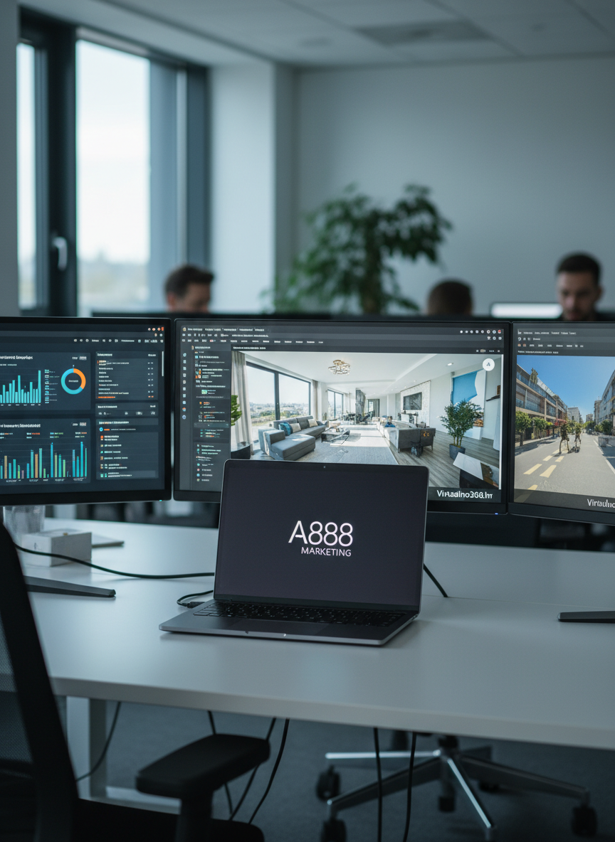 A sleek, dark charcoal laptop with a minimalist chrome A888 Marketing logo glowing softly on its lid, open on a pristine white desk. Multiple ultra-thin monitors display sharp marketing analytics dashboards and immersive 360° virtual tours from Virtualno360.hr, rendered in vivid photographic realism. Cool, diffused daylight from a large unseen window washes across the workspace, creating gentle reflections on the glass screens and subtle shadows along the desk edge. The scene is framed at eye level with a shallow depth of field, emphasizing the technology and clean lines while softly blurring a modern office backdrop. The mood is professional, focused, and high-tech, perfectly suited for a premium marketing agency homepage hero image.